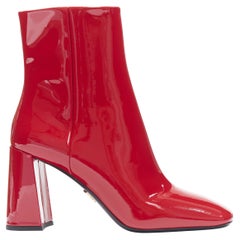 new PRADA lipstick red patent square toe chunky heel ankle boot EU36