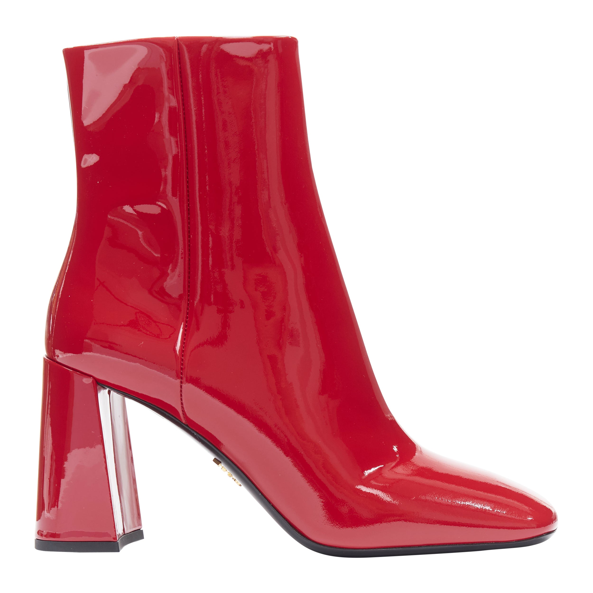 new PRADA lipstick red patent square toe chunky heel ankle boot EU35