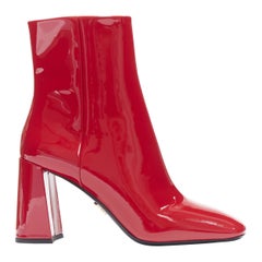 new PRADA lipstick red patent square toe chunky heel ankle boot EU35