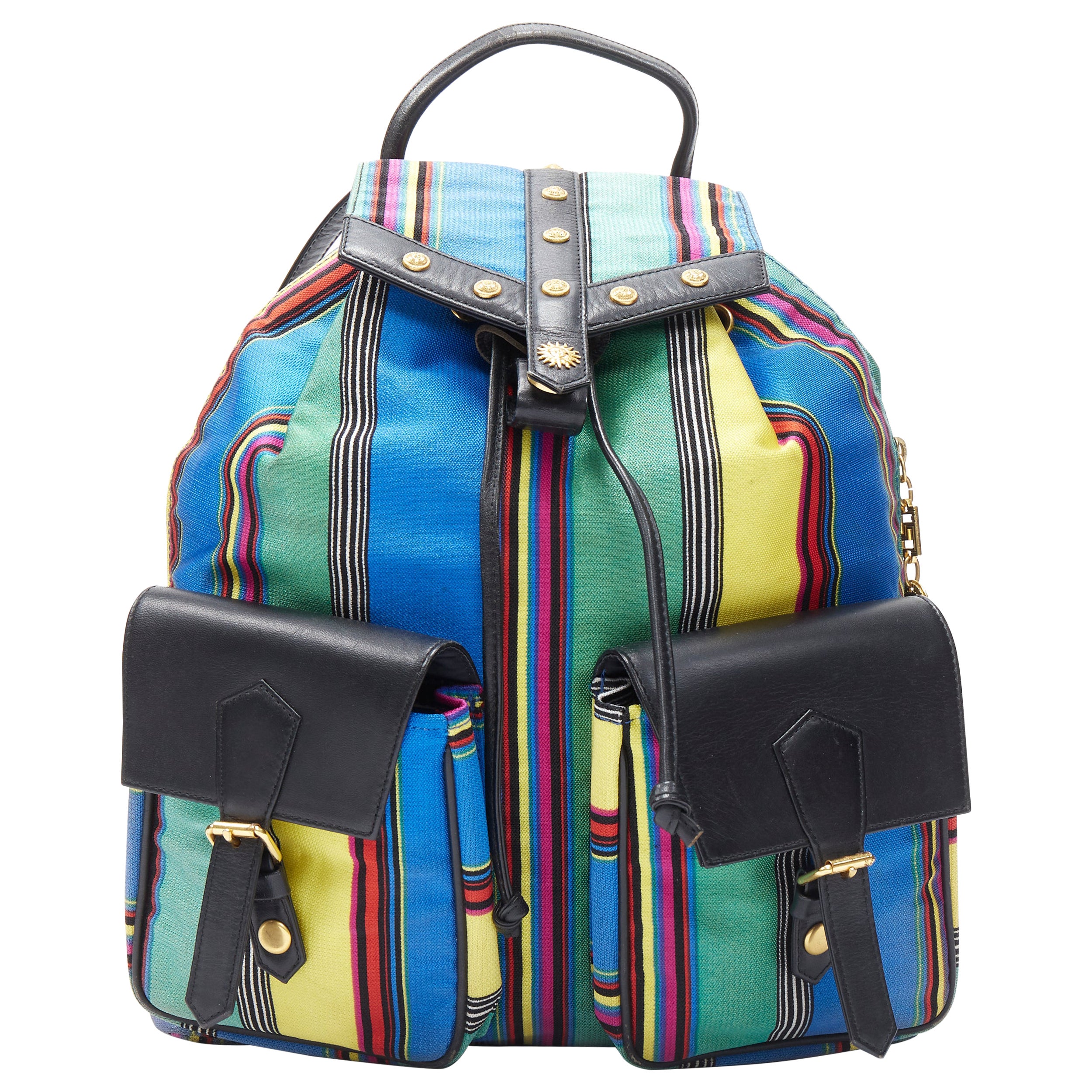 vintage GIANNI VERSACE 1990's striped canvas gold studded flap backpack bag