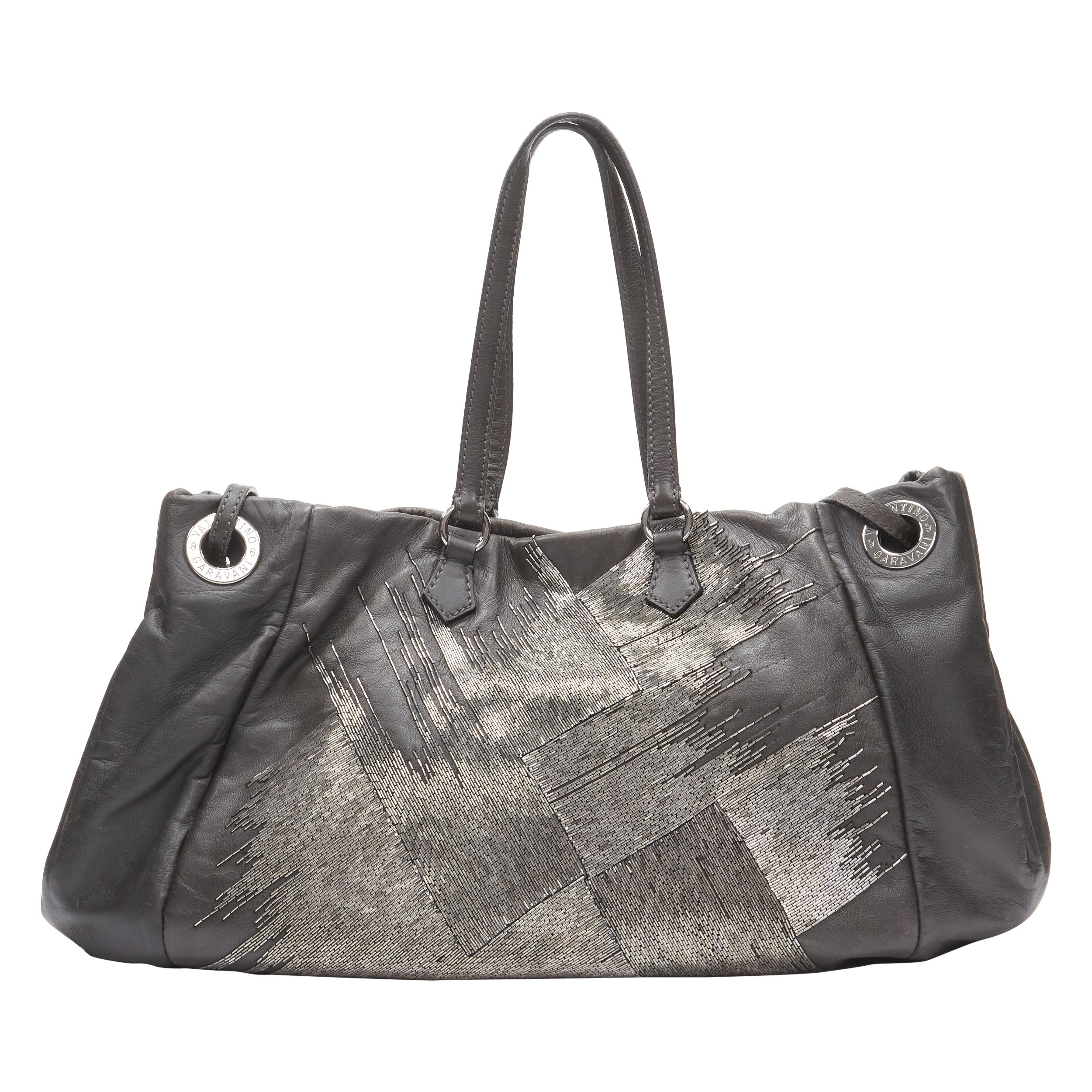 VALENTINO silver bead embellished grey leather crossbody large tote bag For Sale