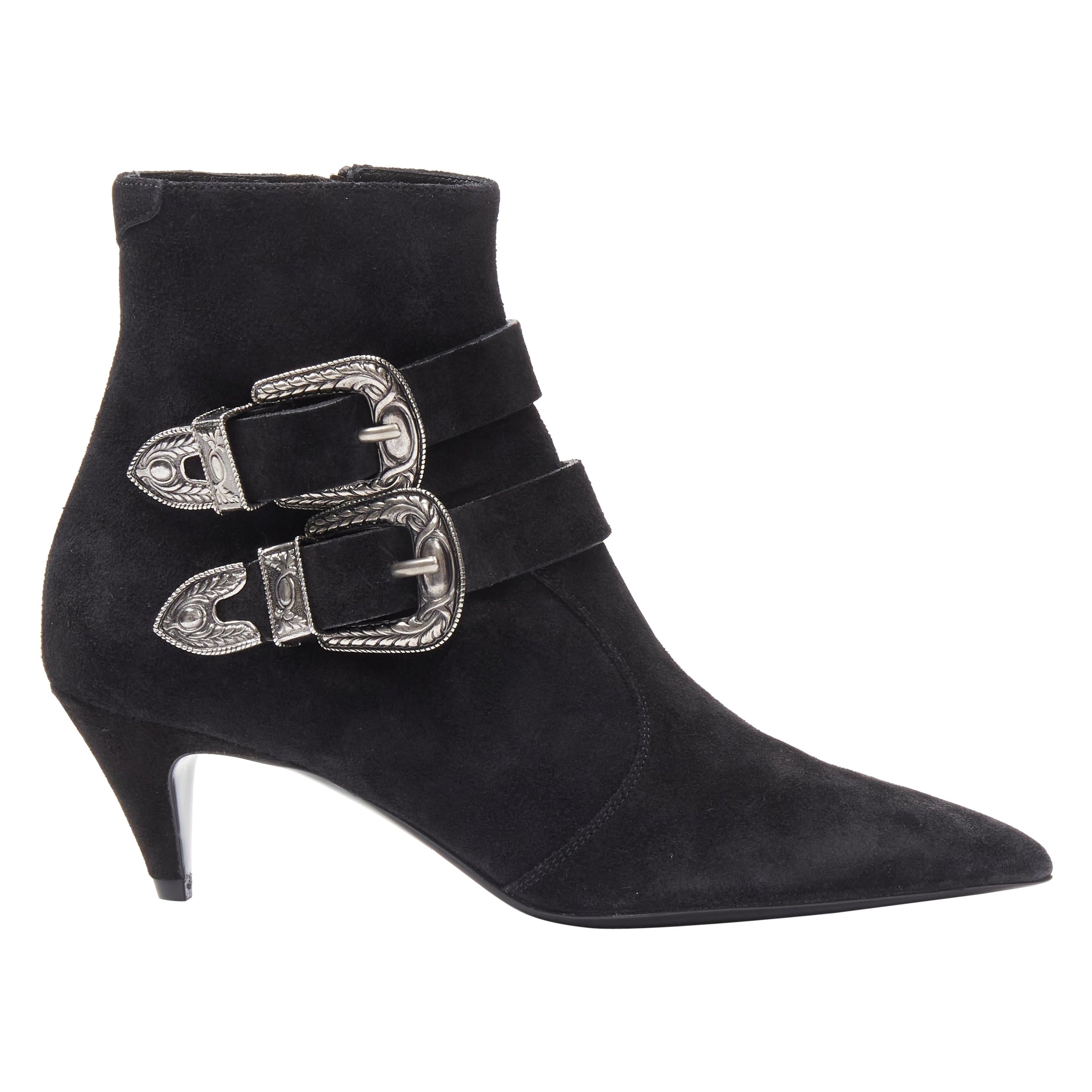 new SAINT LAURENT Charlotte 55 black suede silver western buckle ankle boot EU37 For Sale