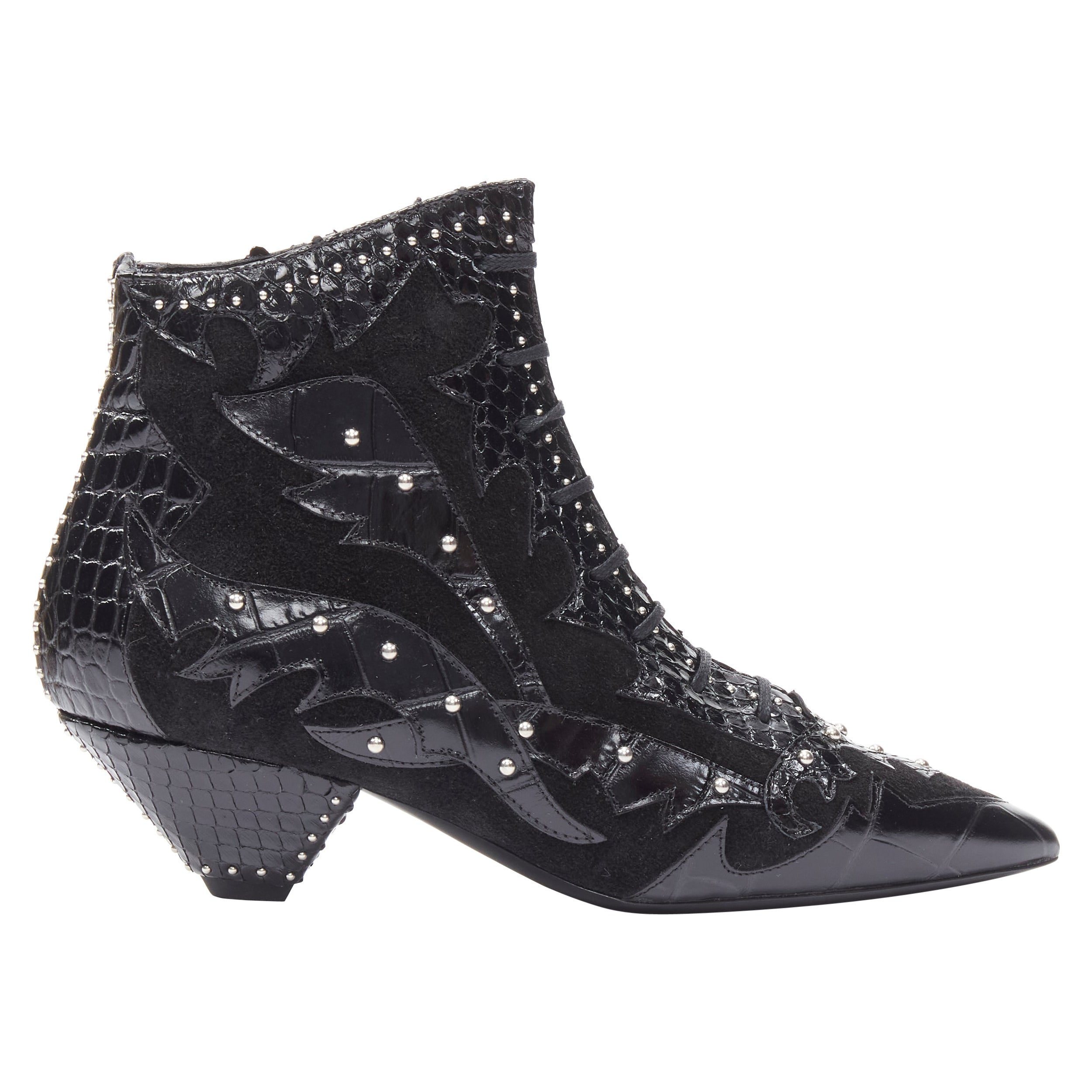 new SAINT LAURENT Blaze 45 black western snake suede studded ankle bootie EU37 For Sale