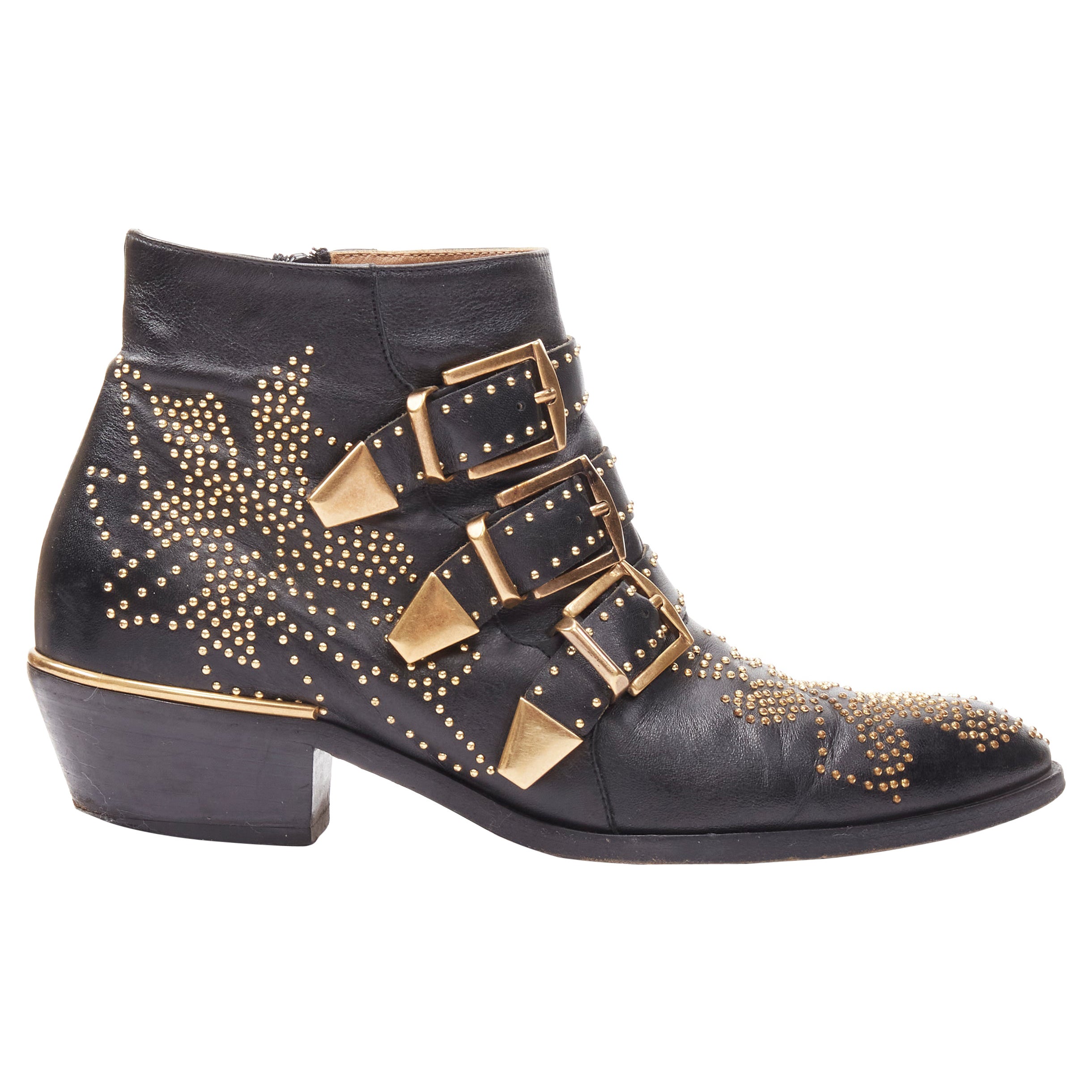 CHLOE Susanna black leather gold floral studded buckle ankle boot EU36.5