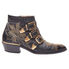 CHLOE Susanna black leather gold floral studded buckle ankle boot EU36.5