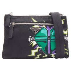 Neue neue PRADA Frankenstein Heart Tessuto Crossbody-Tasche aus schwarzem Nylon mit doppeltem Riemen