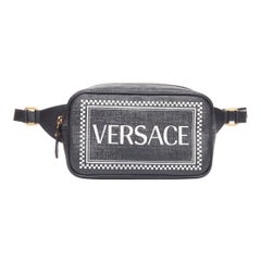 new VERSACE black white 90's logo glossy saffiano leather crossbody belt bag