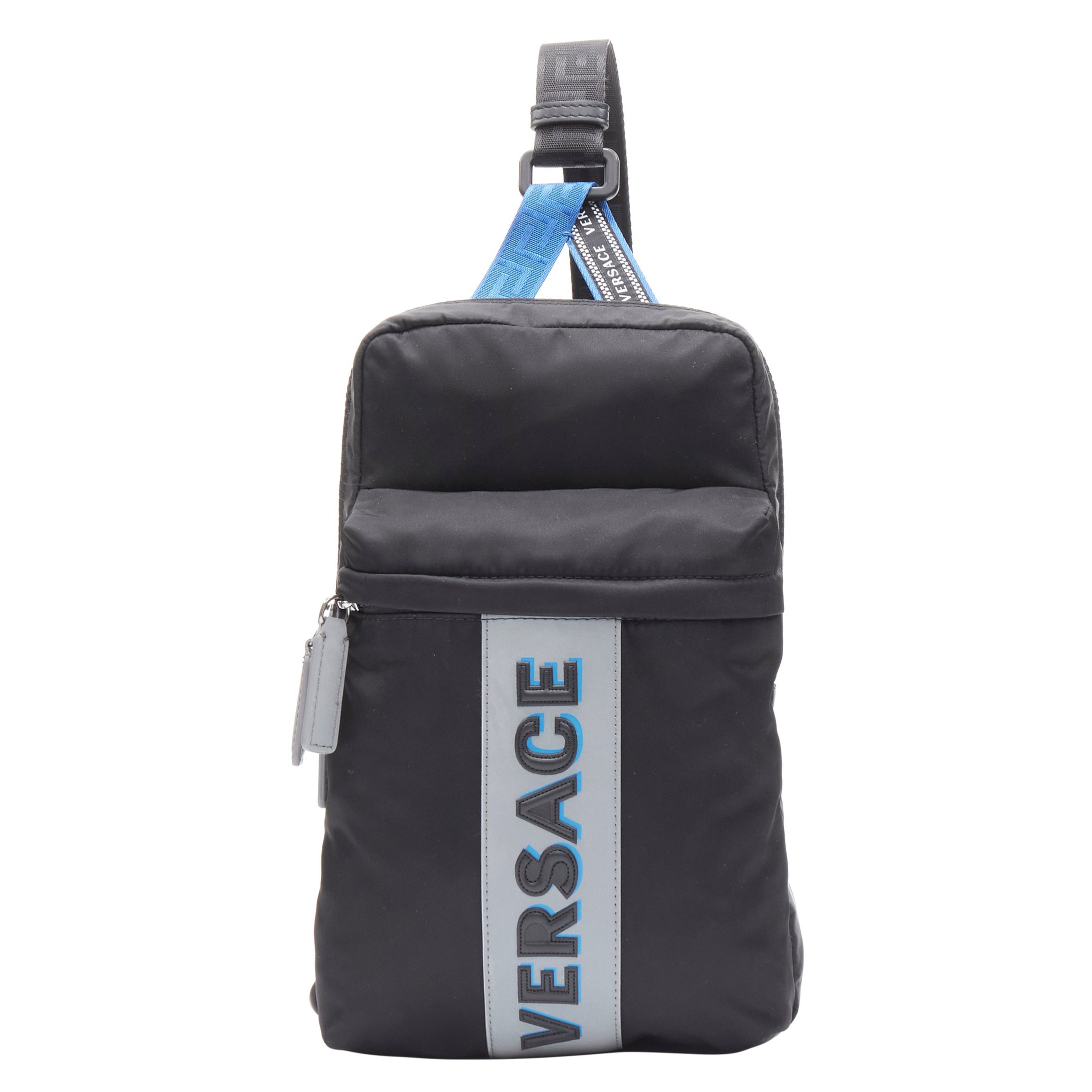 new VERSACE reflective logo black nylon Greca single strap small backpack  bag For Sale