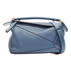 LOEWE Small Puzzle dark blue grained leather gold hardware shoulder bag