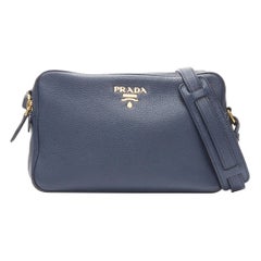 PRADA Vitello Daino blue  leather gold logo double zip crossbody messenger bag