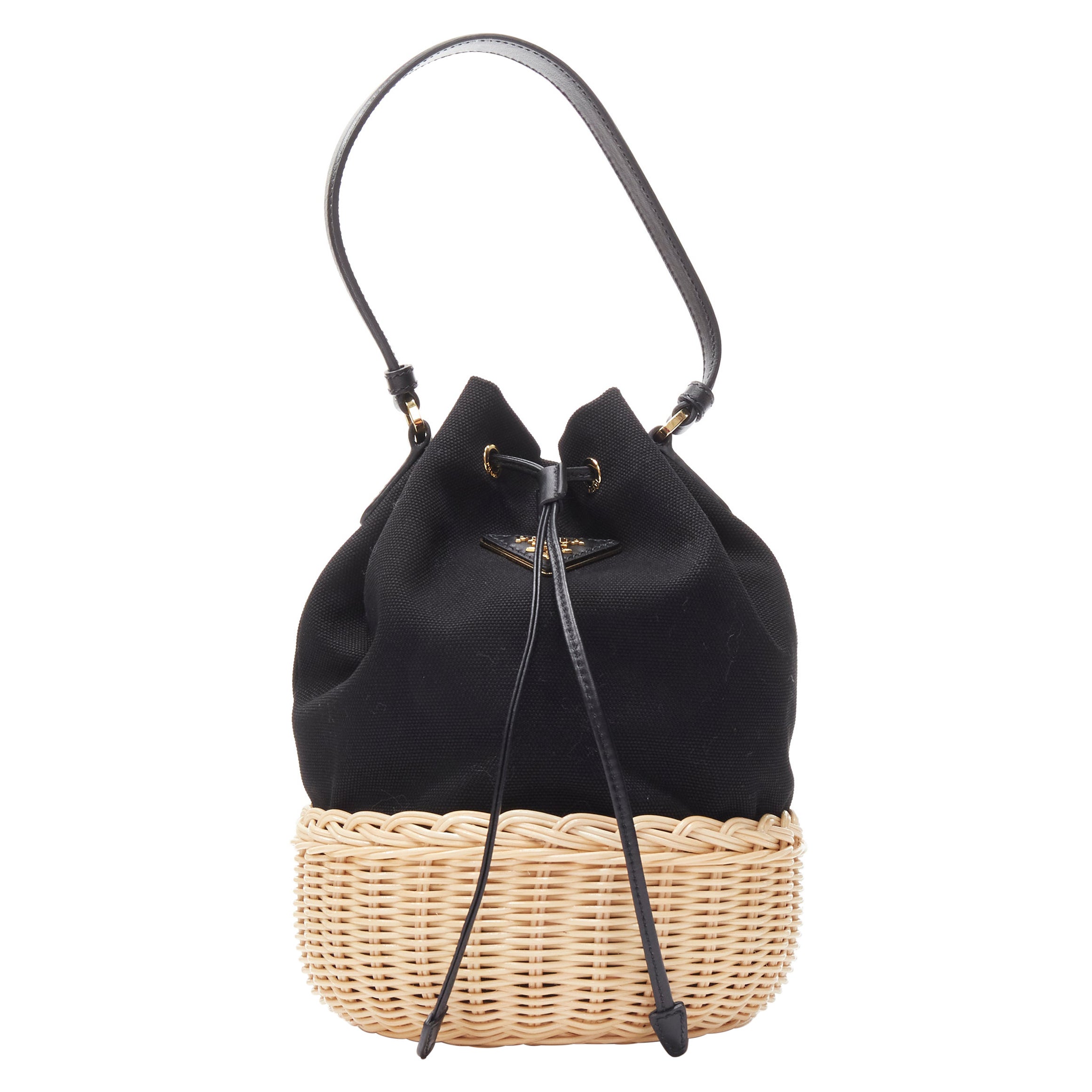 new PRADA Midollino Canapa black canvas wicker raffia bucket crossbody bag