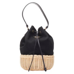 new PRADA Midollino Canapa black canvas wicker raffia bucket crossbody bag