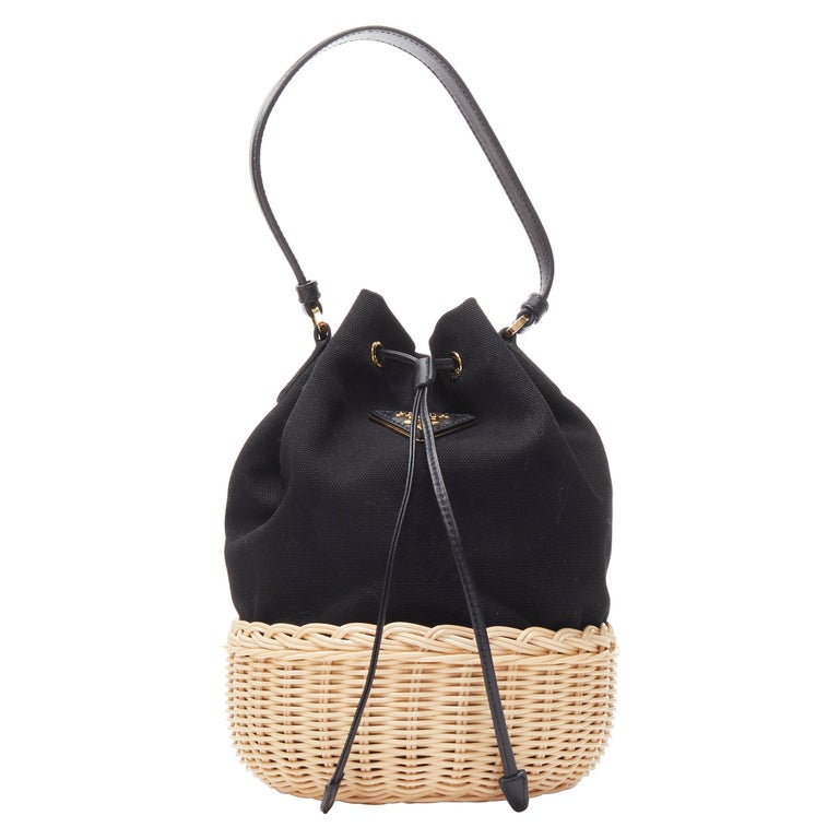 new PRADA Midollino Canapa black canvas wicker raffia bucket crossbody bag  at 1stDibs