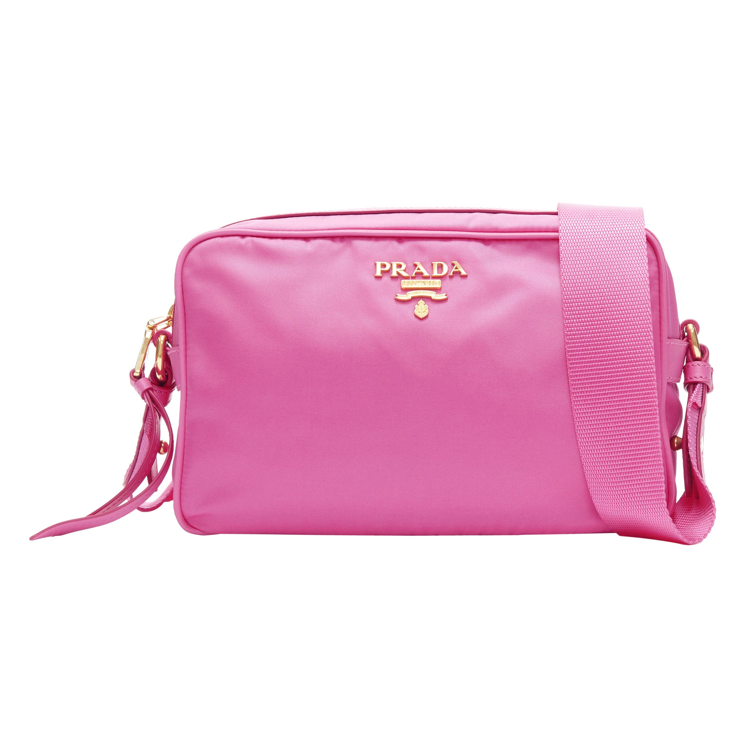 PRADA bright pink Tessuto nylon gold logo crossbody camera bag at 1stDibs