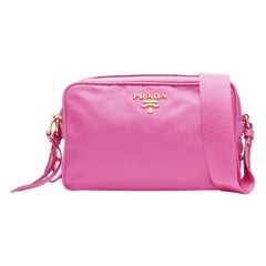 PRADA bright pink Tessuto nylon gold logo crossbody camera bag