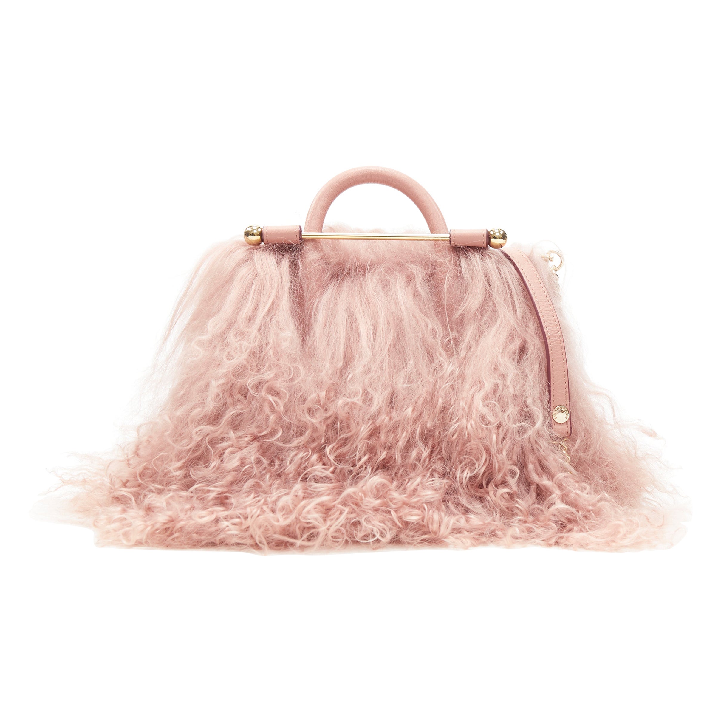 new STRATHBERRY blush pink Mongolian long shearling fur gold bar crossbody  bag at 1stDibs