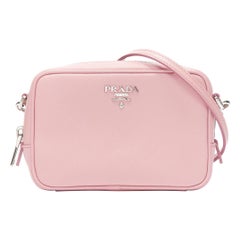 PRADA pink saffiano leather silver logo hardware small crossbody camera bag