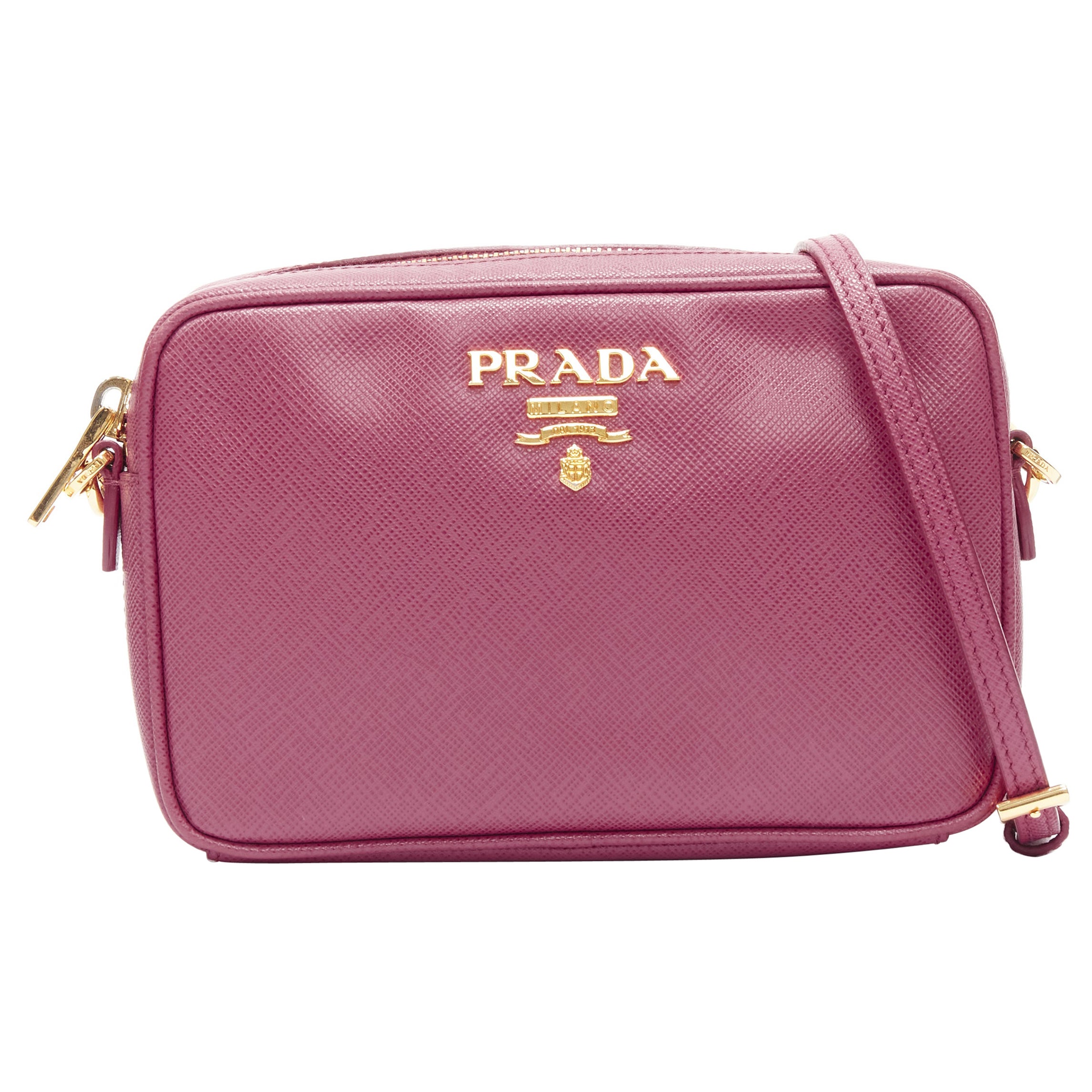 PRADA Bandoliera Bruyere pink saffiano leather gold logo crossbody camera  bag at 1stDibs