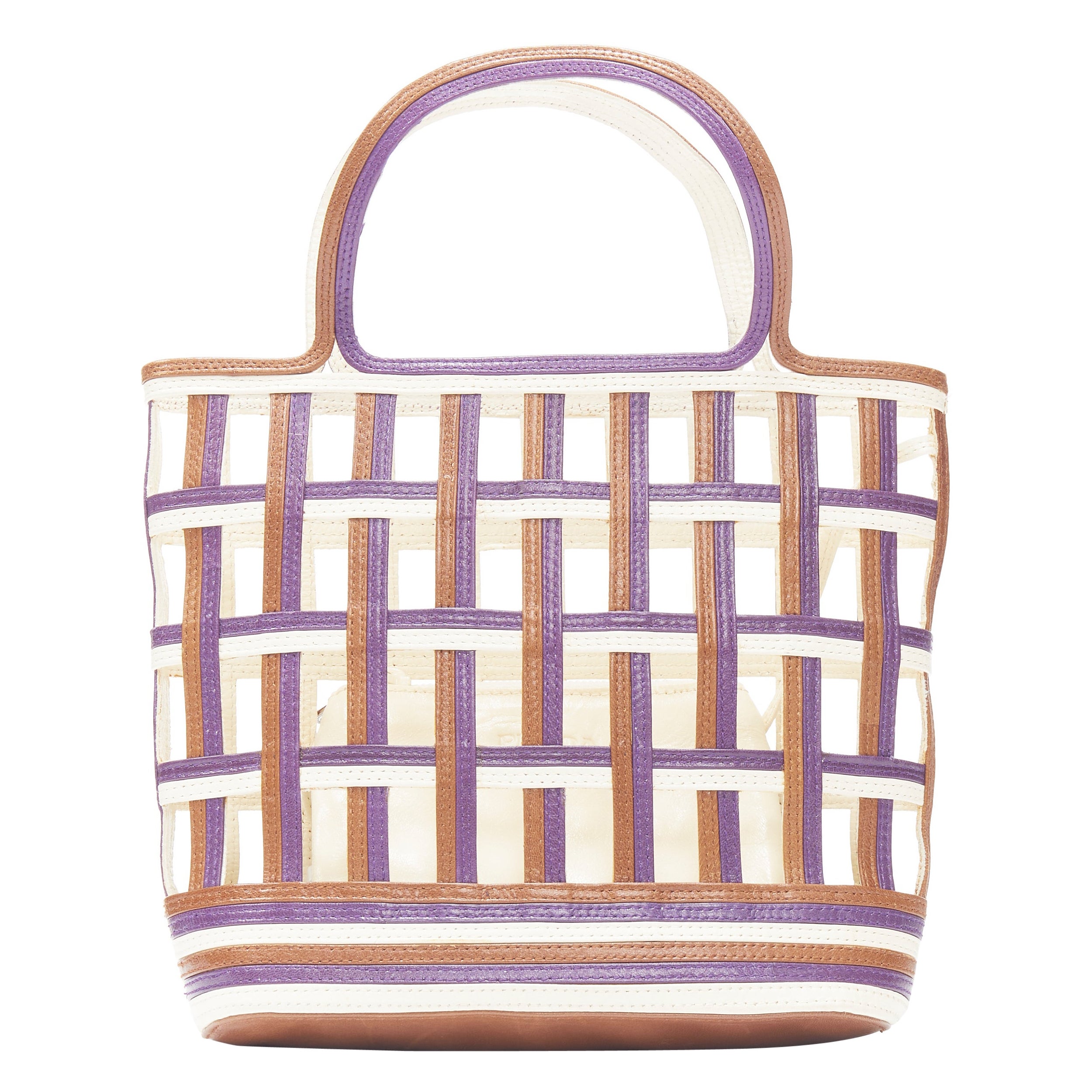 vintage PRADA violet marron crème treillis ouvert mini sac à main à poignée supérieure