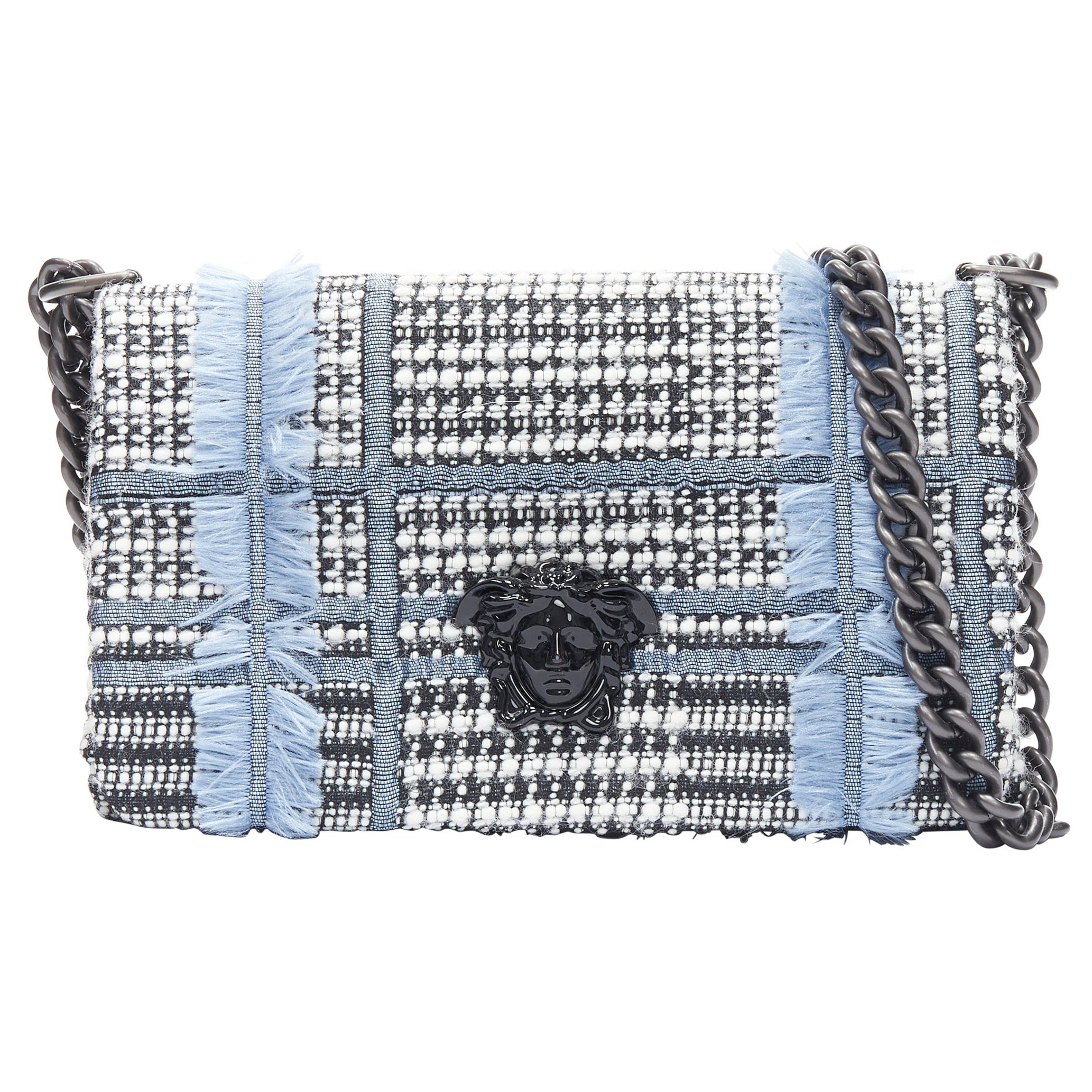 new VERSACE Palazzo Medusa grey blue tweed chunky chain crossbody flap bag