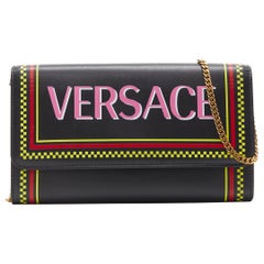 new VERSACE 90's logo print black leather long wallet WOC clutch shoulder bag