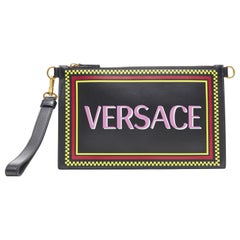 new VERSACE vintage pink logo black leather zip clutch crossbody bag