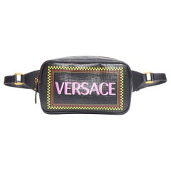 new VERSACE pink 90's logo black glossy saffiano leather crossbody belt bag