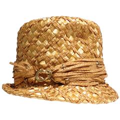 Vintage 1960s Yves Saint Laurent Rattan Hat with Gold Hardware
