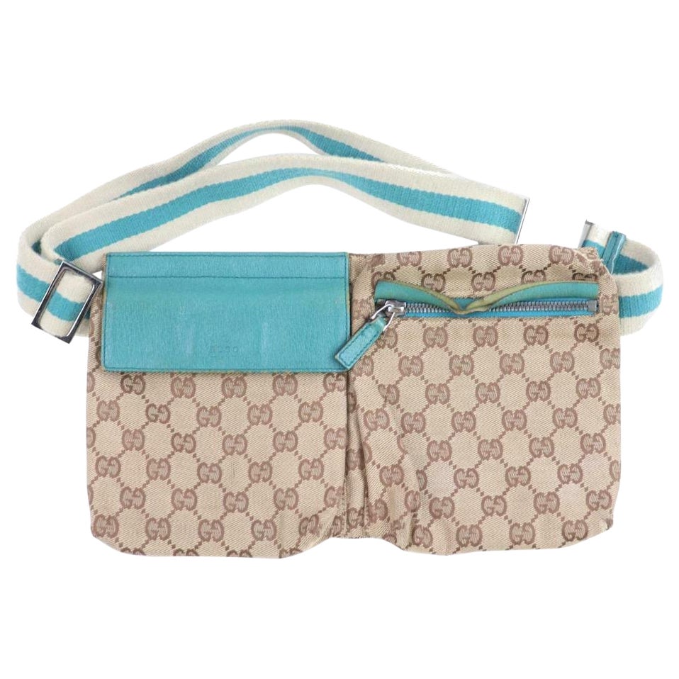 Gucci Belt Turquoise Web Monogram Fanny Pack Waist Pouch 871507 Brown Gg Canvas  For Sale