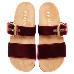 new PRADA burgundy red velvet strap gold buckle slides summer sandals EU39.5