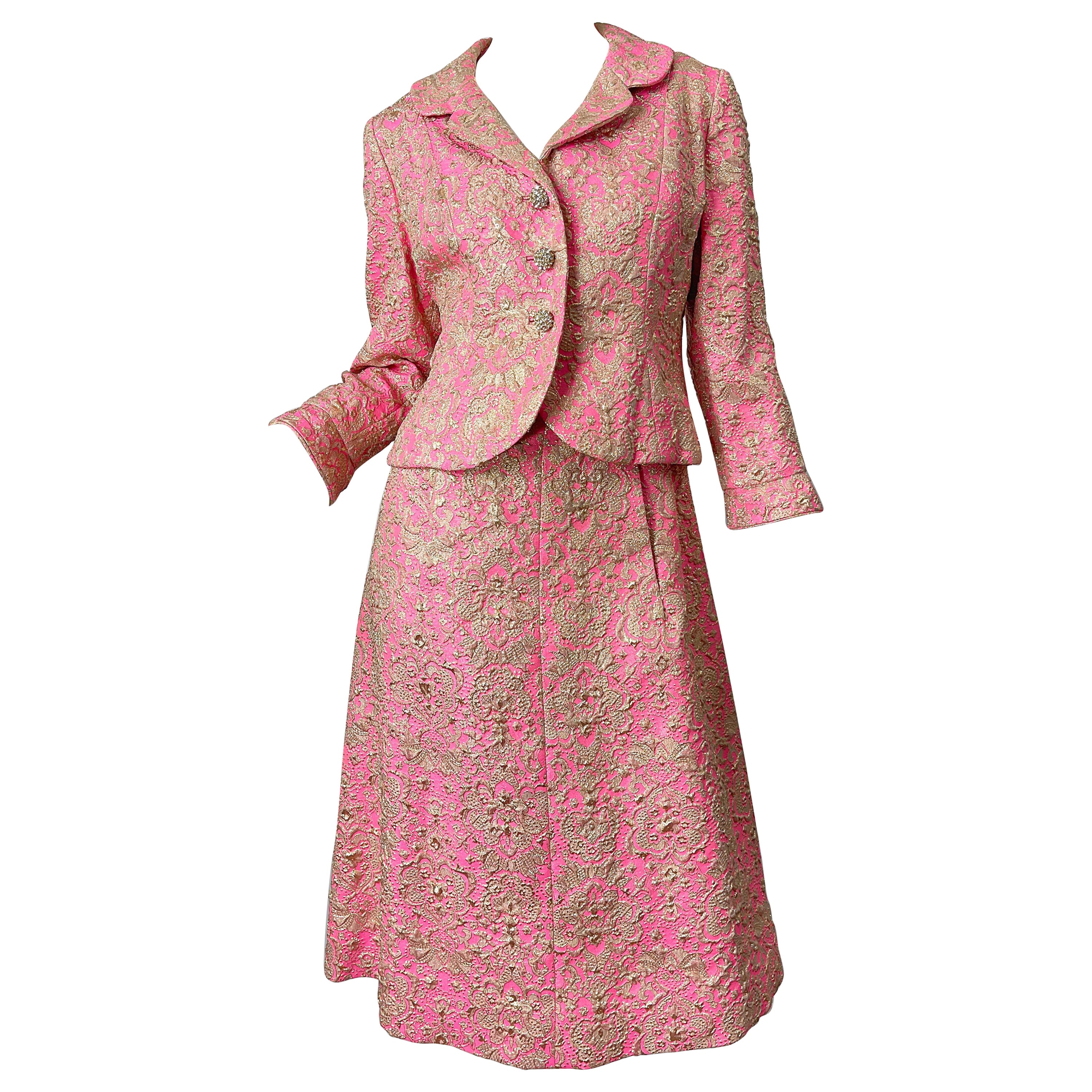 1960s Saks 5th Avenue Pink + Gold Silk Brocade A Line Dress / Jacket 60s Set