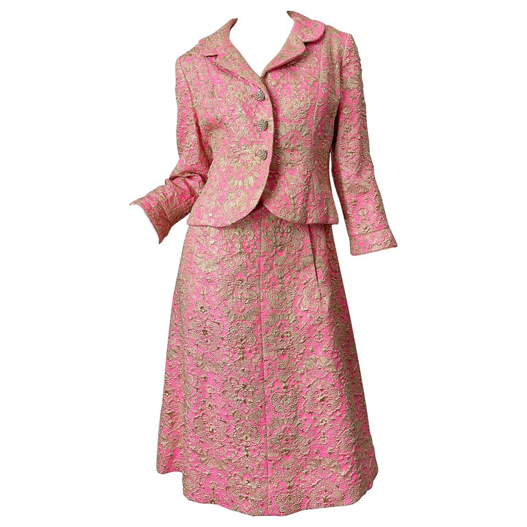 1960s Saks 5th Avenue Pink + Gold Silk Brocade A Line Dress / Jacket 60s  Set For Sale at 1stDibs