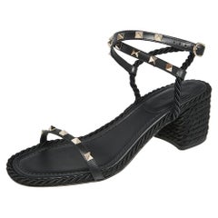 Valentino Leather And Knit Fabric Rockstud Rope Ankle-Strap Sandals Size 40