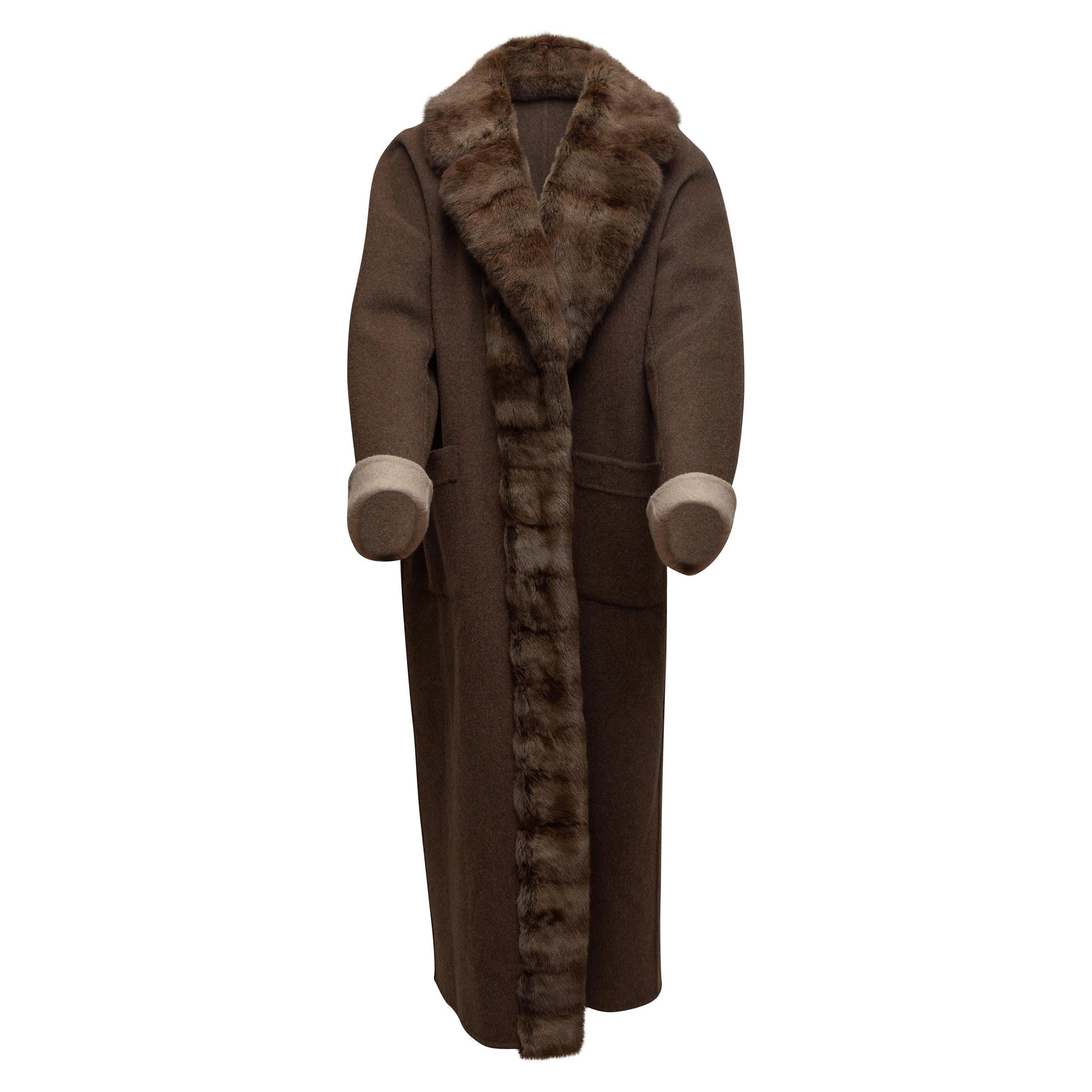 Davide Cenci Brown Cashmere Fur-Trimmed Coat