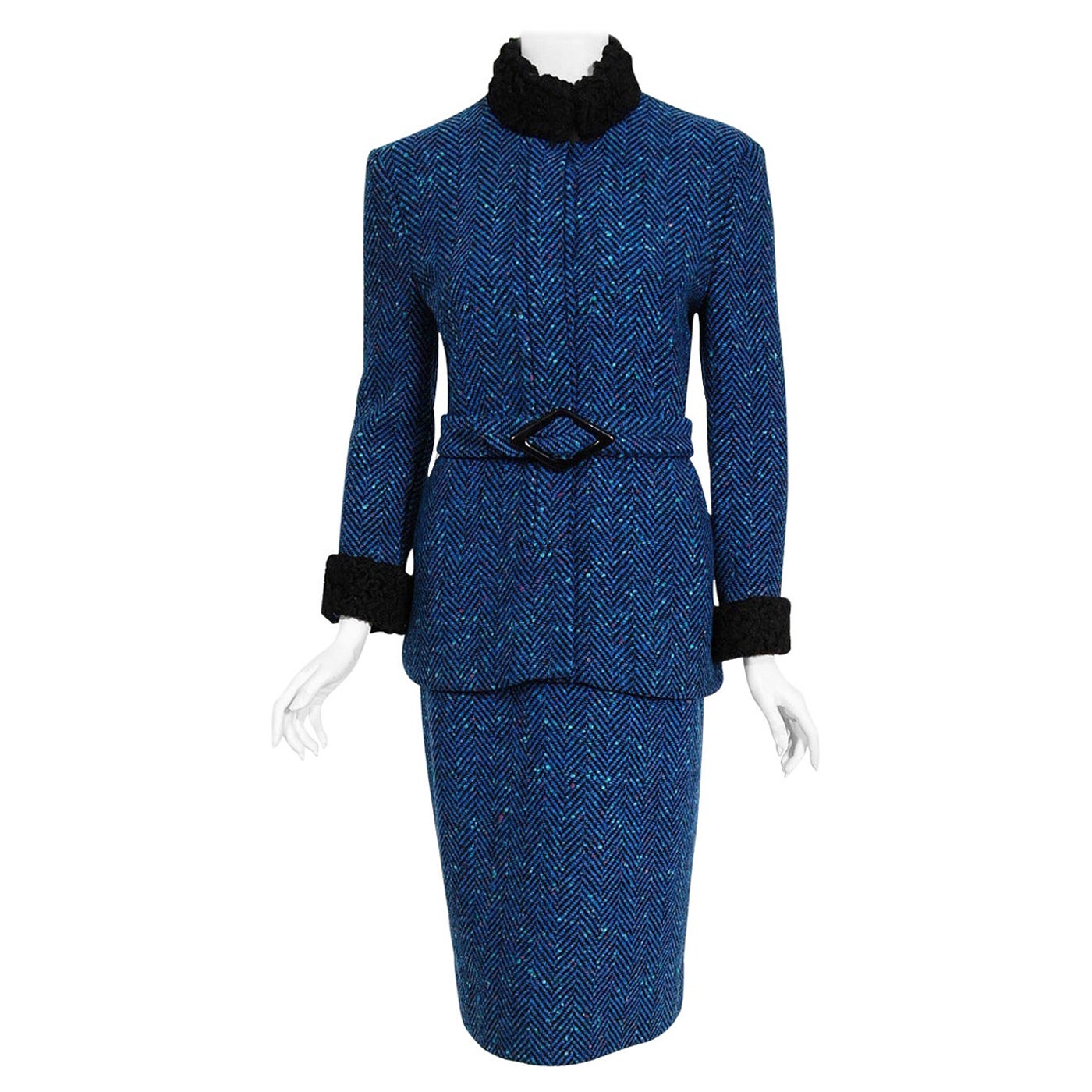 Vintage 1970s Biba of London Blue Chevron Wool & Faux-Fur Belted Jacket w/ Skirt For Sale