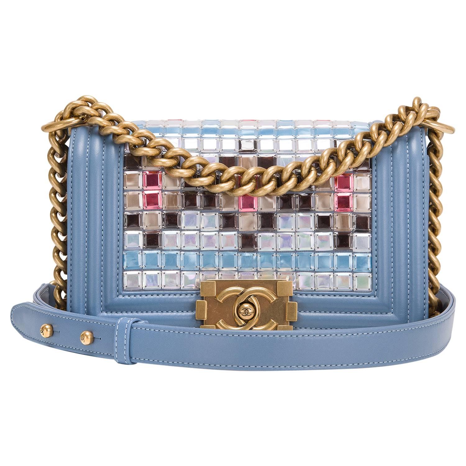 Chanel Light Blue Lambskin Small Mosaic Boy Bag For Sale