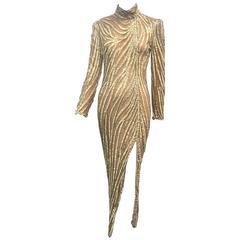 1980s Bob Mackie Beige and Cream Zebra Pattern Beaded Gown w/ Daring Slit