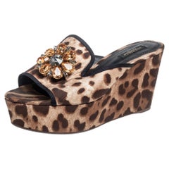 Dolce & Gabbana Leopard Print Fabric Crystal Wedge Platform Slide Sandals Size39