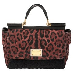 Dolce & Gabbana Leopard Print Canvas and Crochet Sicily Large Top Handle Bag