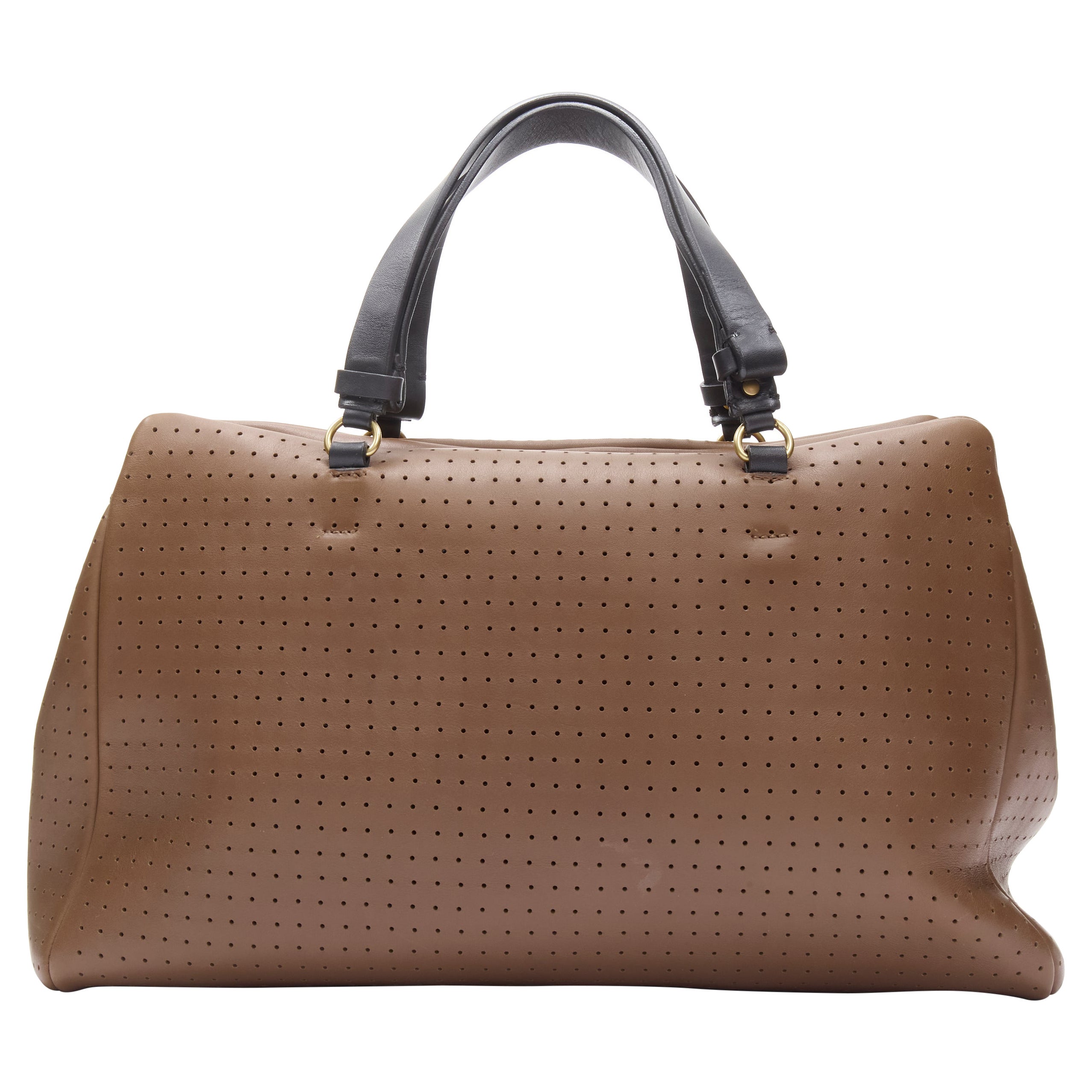 MARNI brown perforated leather black handle carryall satchel bag
