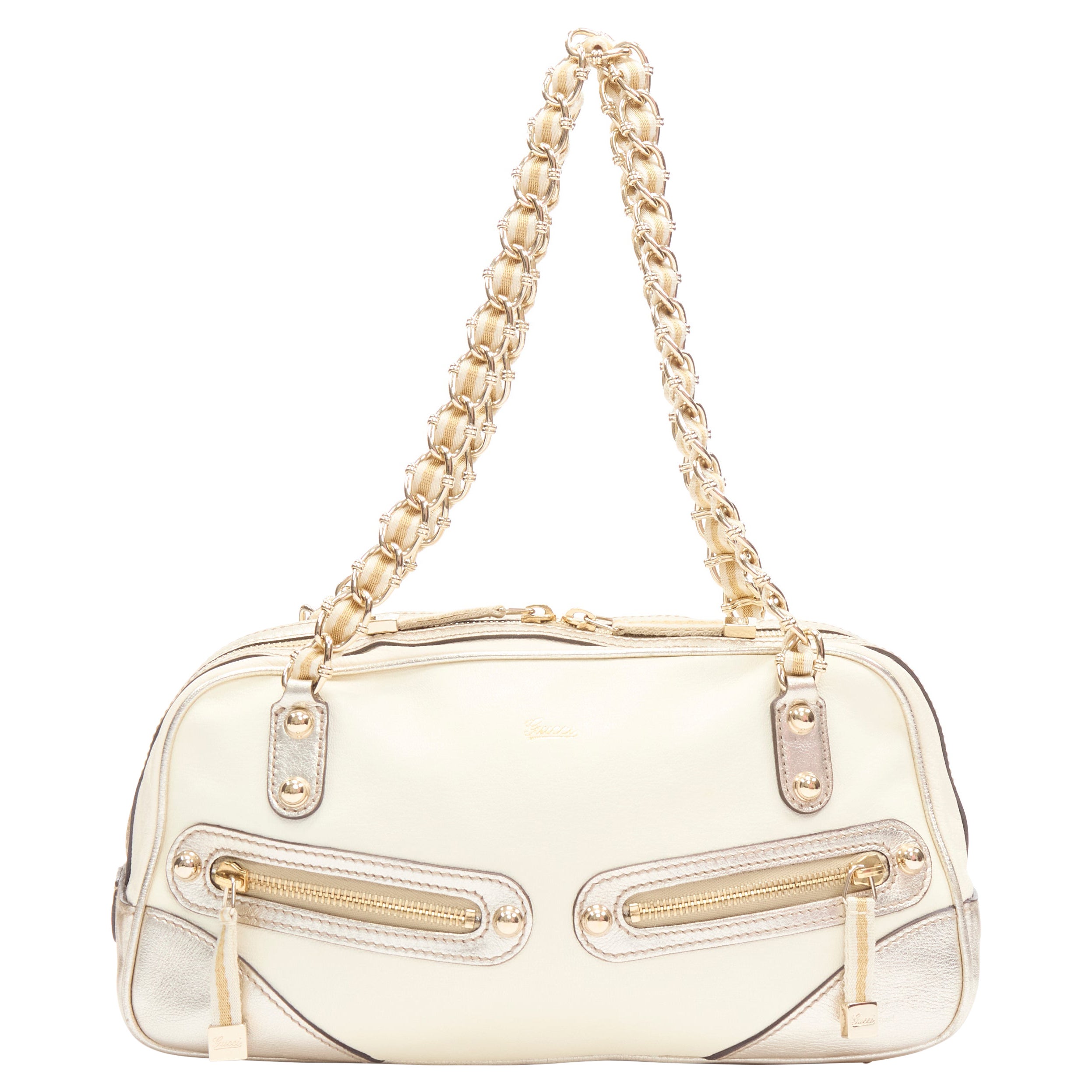 GUCCI 152462 Capri cream gold leather web zip chain handle shoulder bag