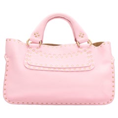 Céline Boogie - Sac à main vintage en cuir grainé rose pastel avec poignée supérieure cloutée d'or