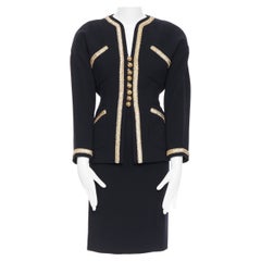 Vintage CHANEL COUTURE black wool crystal bead embellished  4 pocket jacket skirt suit