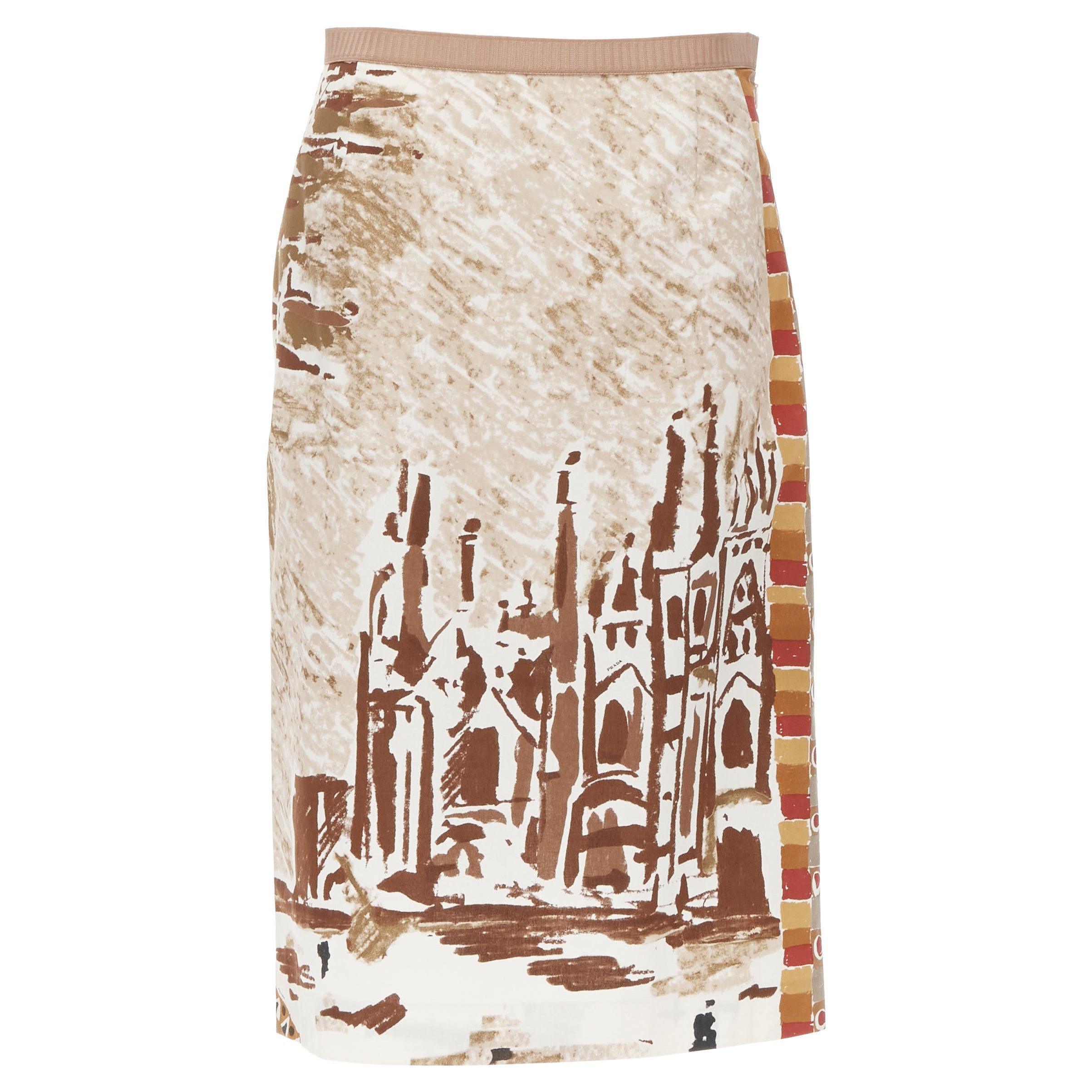 vintage PRADA  2004 Runway brown building painting print cotton skirt IT44 M