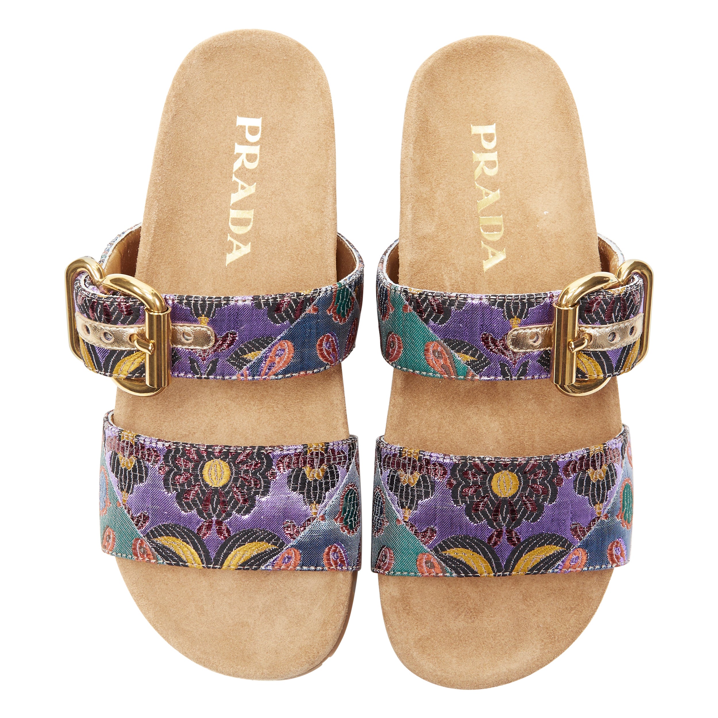 new PRADA metallic floral jacquard gold buckle strap suede slides sandals EU37.5