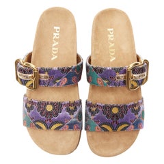 new PRADA patchwork floral jacquard gold buckle strap suede slides sandal EU38