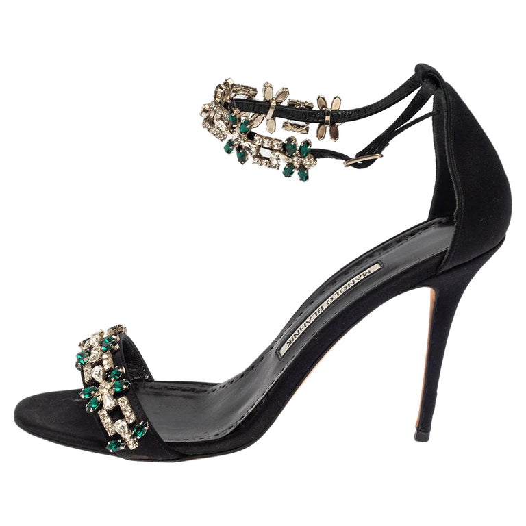 Manolo Blahnik Satin Firadou Crystal Embellished Ankle Strap Sandals ...