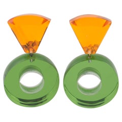 Kaso Lucite Clip Earrings Dangle Green and Orange Donut
