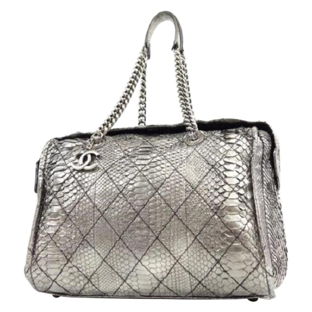 Chanel Bowling Bag (Ultra Rare) Metallic Chain Bowler 234207 Silver Python For Sale