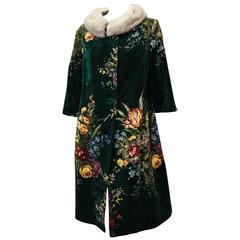 1960s Floral Print Velvet Coat With Mink Collar